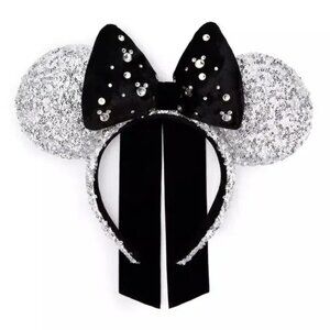 Disney Parks Silver Sequin Minnie Ears Headband Black Velour Bow Rhinestones